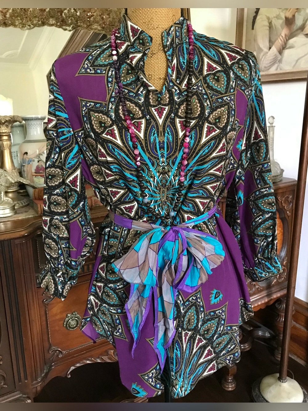 Vintage 60’s-Inspo Boho Hippie Mandala Floral Blouse Shirt & Silk Bow Scarf/Belt